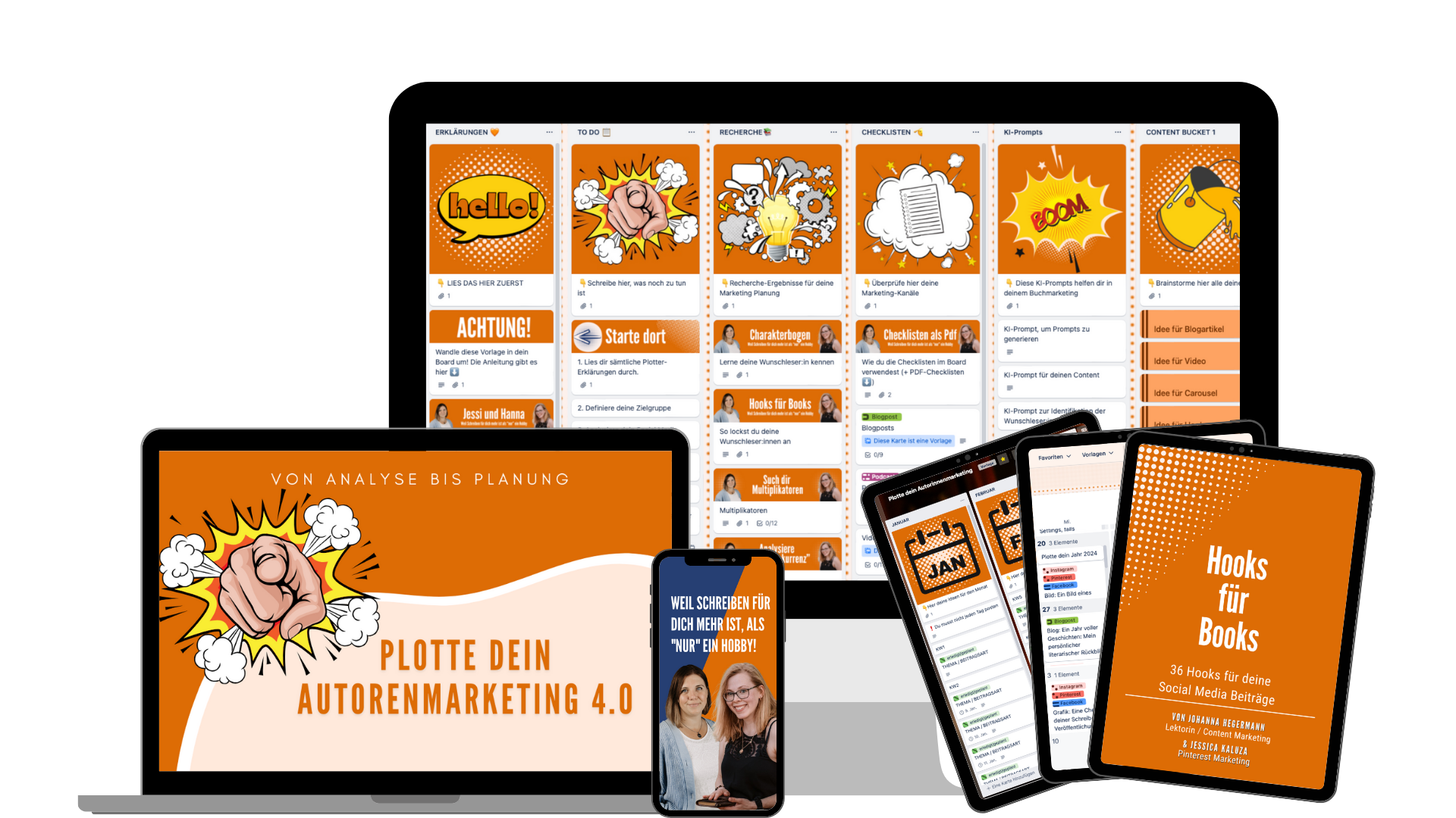Mockup der Marketing-Plotter-Vorlage „Plotte dein Autor:innen-Marketing 4.0“ vom Zeilenschlinger. Gezeigt werden Laptop-, Tablet- und Smartphone-Ansichten mit Content-Planung, Checklisten, Social-Media-Ideen und Workbooks für Autor:innen-Marketing.